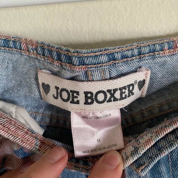 Vintage Low-Rise Joe Boxer Pink Flower Print Flare Distressed Blue Jeans - Picture 2 of 8